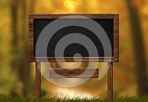 Large blackboard with wood frame and autumn forest background