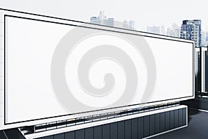 A large, blank billboard installed on a building rooftop in a cityscape. The billboard offers space for advertising. 3D