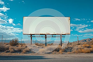 Large blank billboard is standing against a blue sky with clouds