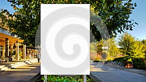 Large Blank Outdoor Advertisement Banner Sign On Beautiful Sunny Day White Display Isolated Template Clipping Path Free Space Ad