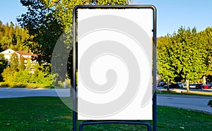 Large Blank Outdoor Advertisement Banner Sign On Beautiful Sunny Day White Display Isolated Template Clipping Path Free Space Ad