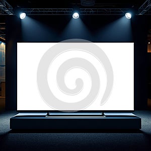 Large blank screen on a dark stage illuminated by spotlights creating a presentation backdrop