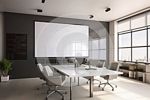 Large blank screen in the office meeting room, contemporary style interior. Table, chair seats, presentation display