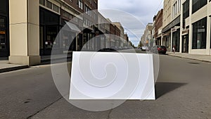 Large Blank Sign Lying On Street With Classic Architecture Storefronts Along Quiet Urban Roadway