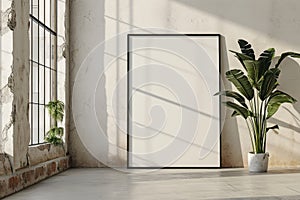 large blank vertical picture frame standing on the floor in an appartement