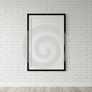 Large, blank white canvas with a black frame hangs on a white brick wall. The bricks