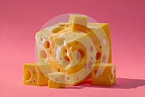 Large block of yellow cheese with multiple holes and several small cheese cubes arranged on a pink background creating a vibrant