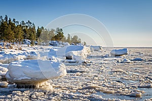 Large blocks of ice at the shores of the Baltic sea, northern Scandinavia