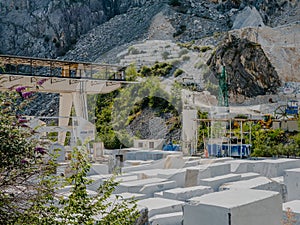 Large blocks of marble in one of the quarries near Carrara, Italy