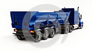 Large blue American truck with a trailer type dump truck for transporting bulk cargo on a white background. 3d