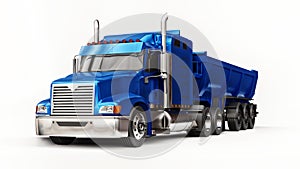 Large blue American truck with a trailer type dump truck for transporting bulk cargo on a white background. 3d