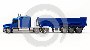 Large blue American truck with a trailer type dump truck for transporting bulk cargo on a white background. 3d