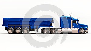 Large blue American truck with a trailer type dump truck for transporting bulk cargo on a white background. 3d