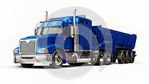 Large blue American truck with a trailer type dump truck for transporting bulk cargo on a white background. 3d