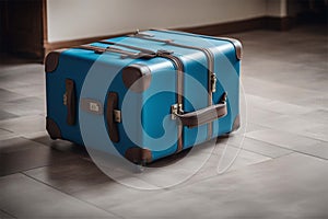 A large blue closed suitcase lies on the floor of a train station, airport. Travel luggage. Vacation, travel concept