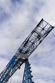 Large blue girders from below, Tees Transporter Bridge, Middlesbrough, England, United Kingdom, Europe