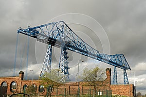 Large blue girders, Tees Transporter Bridge, Middlesbrough, England, United Kingdom, Europe