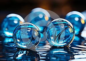 Large blue glass beads sitting. A group of blue glass balls sitting on top of a table