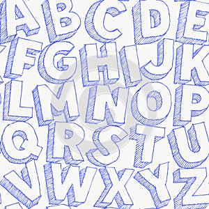 Large blue pen letters hand drawn vector alphabet seamles pattern on white background