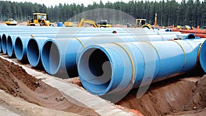 Large blue pipes at a construction site