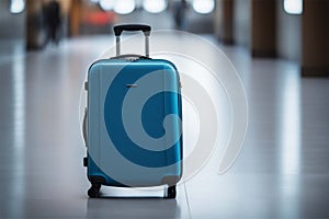 A large blue suitcase on wheels stands on the floor of a train station, airport. Travel luggage. Vacation, travel concept
