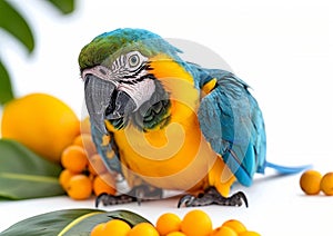 Large blue and yellow macaw parrot on white background with tropical fruits.Macro.AI Generative