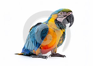 Large blue and yellow macaw tropical parrot on white background.Macro.AI Generative