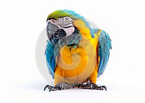 Large blue and yellow macaw tropical parrot on white background.Macro.AI Generative