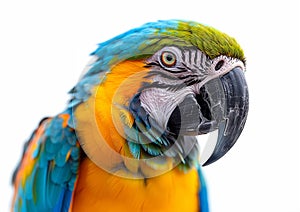 Large blue and yellow macaw tropical parrot on white background.Macro.AI Generative