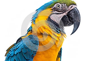 Large blue and yellow macaw tropical parrot on white background.Macro.AI Generative