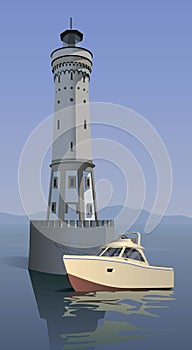 A large boat stands near the lighthouse against the backdrop of the sea. Vector