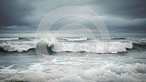 A large body of water with powerful waves crashing against a rocky coastline, Stormy ocean waves under a graying sky