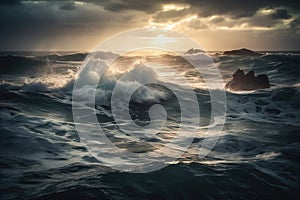 a large body of water with waves and rocks in the distance with a sun setting behind it and clouds in the sky over the water