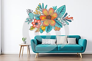 large, bold floral wall decal on a white wall