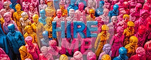 Large bold HIRE ME words surrounded by 3D figures symbolizing job seekers and candidates aspiring for employment