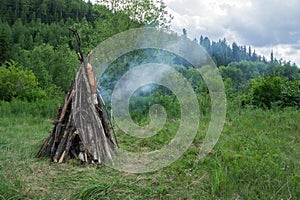 A large bonfire from the dry crippled wood burns in the forest, against the background of the forest.;