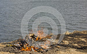 A large bonfire with fire sparks of flame on the banks of the river. Burned grass by the fire. Close-up