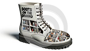 Large Boot with Miniature Scenes Inside Boots on the Ground Reflecting Importance of Fieldwork