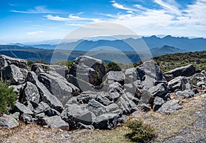 Large boulders and mountains on the horizon Grampians, Victoria, Australia.