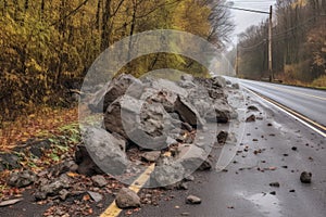 large boulders and mud covering road after landslide