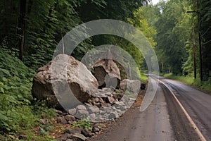 large boulders and mud covering road after landslide