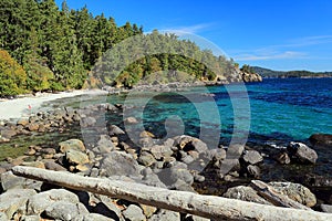 Sandy Beach and Clear Water at Aylard Farm in East Sooke Regional Park, Vancouver Island, British Columbia, Canada