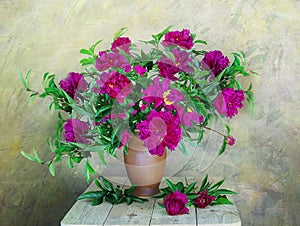 A large bouquet of beautiful pink peonies in a vase on a light green background.Background of summer flowers.Beautiful peonies in