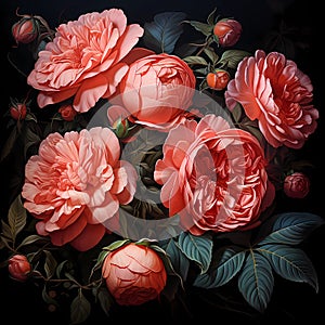 Large bouquet of flowers, antique style, Victorian era. Beautiful flowers on a black background