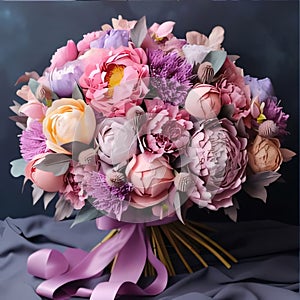 Large bouquet of pink and bright flowers tied with a bow dark background. Flowering flowers, a symbol of spring, new life