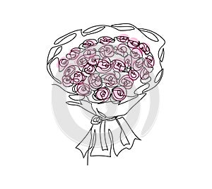 Large bouquet of pink roses continuous line drawing. One line art of decoration, flowers, roses, garden flowers, bouquet