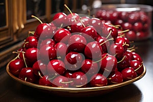a large bowl of cherries sitting on a table