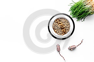 Large bowl of pet - cat food with toys on white background top view mockup