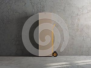 Large box mockup for refrigerator on Hand Truck in warehouse with concrete walls