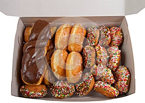 Large box with various donuts, top view